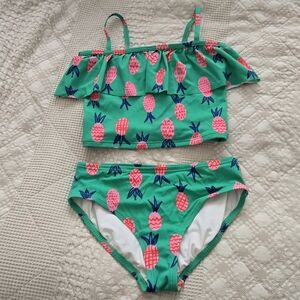 Hanna Andersson Pink and Green Pinapple Ruffled Bikini Swimsuit | girls 12